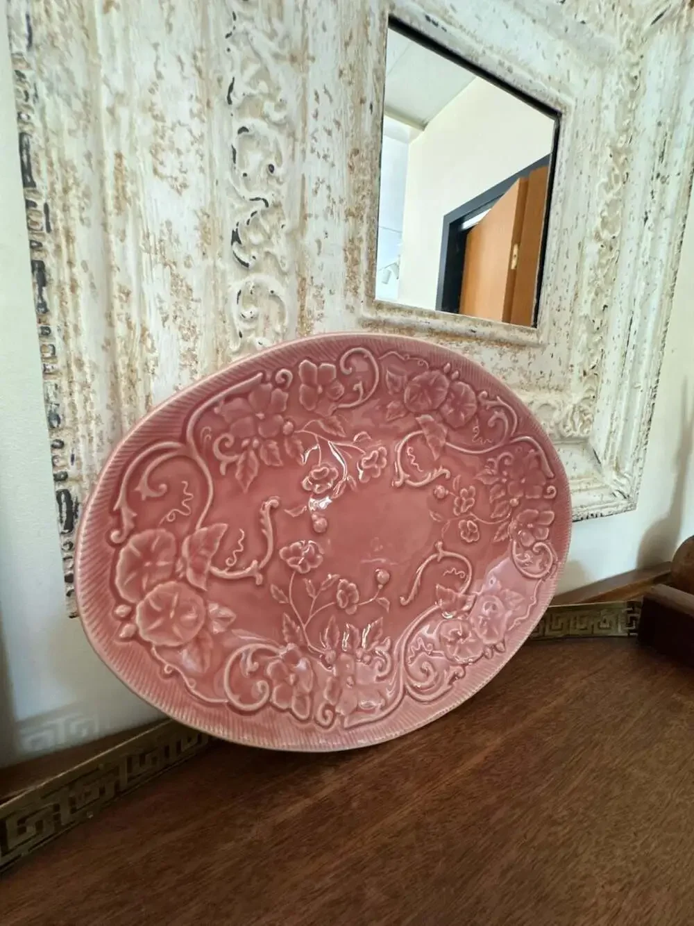 Bordallo Pinheiro Pink Majolica Floral Embossed Oval Platter Made in Portugal